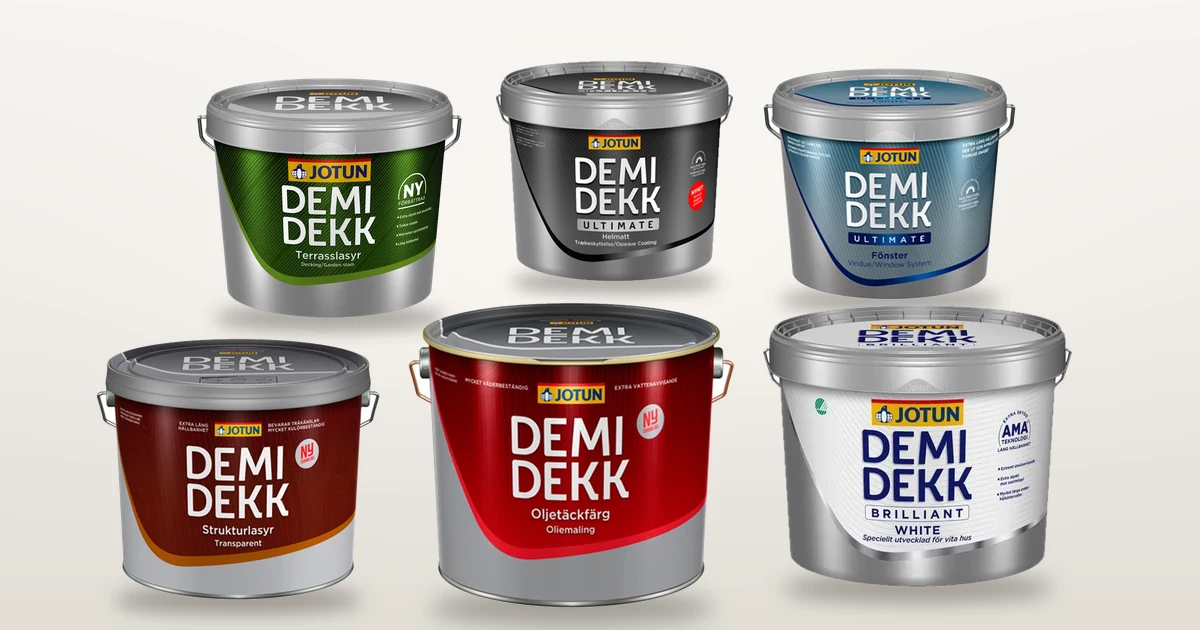 Alte Jotun-Produkte: Demidekk Oljetäckfärg, Strukturlasyr, Terrasslasyr, Helmatt, Brilliant White und Ultimate Vindu
